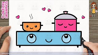how to draw cute happy stove and smiling pots draw a cute cooking scene easy tutorial