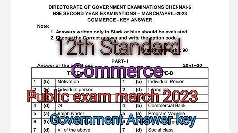 12th Standard Commerce Public exam march 2023 Government answer key