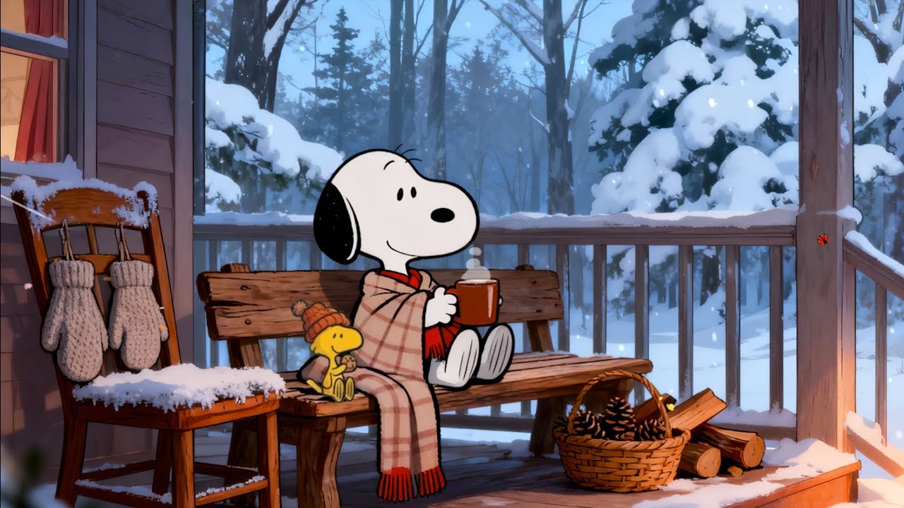 Peaceful Snowy Porch with Snoopy 🧣❄️ | Warm Drink, Silent Winter Forest 🌲 | Calm Cozy Lofi Beats 🎶