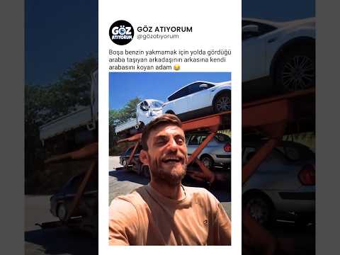 Boşa benzin yakmamak için araba taşıyan arkadaşının arkasına arabasını koyan adam 😂
