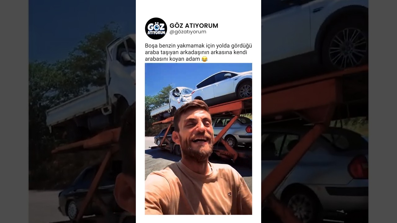 Boşa benzin yakmamak için araba taşıyan arkadaşının arkasına arabasını koyan adam 😂