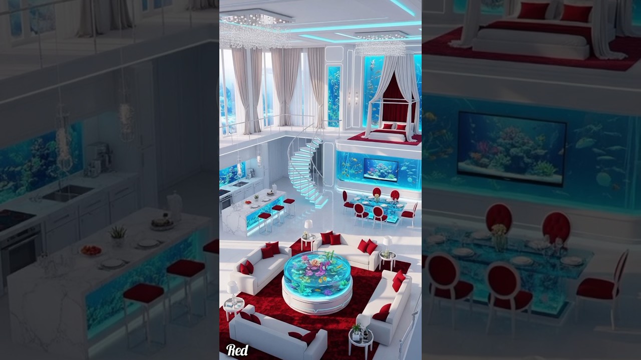 Luxury Aquarium Mansion Tour 🐠 Futuristic White & Red Dream Home Interiors 