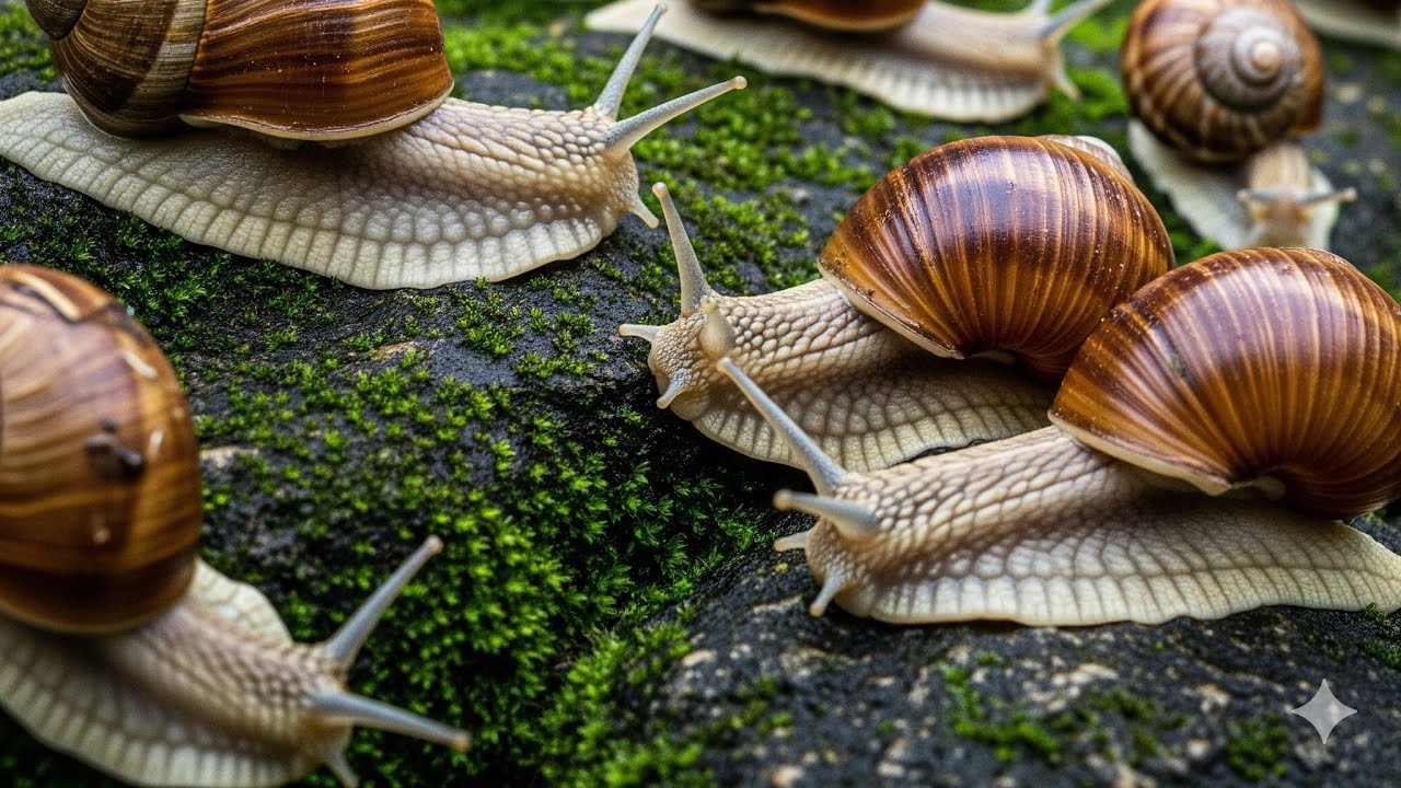Midnight Garden Wanderer: A Snail's Journey Across the Wet Stone