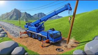Blue Mobile Crane Installs Wooden Utility Pole in Tight Alley | 3D Construction Lift