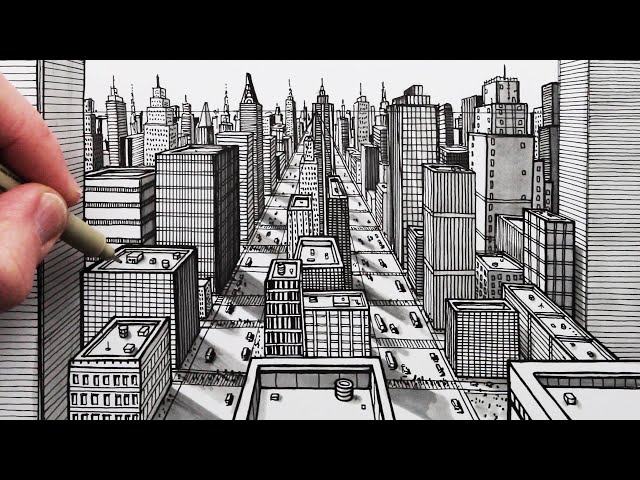 1 Point Perspective: Cityscape | Inside The Outline | Perspective drawing, Perspective  drawing architecture, 1 point perspective drawing