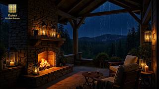 Warm Fireplace Nights with Rain Sounds in a Balcony Rain Forest (No Ads) Relaxing Sounds for Sleep