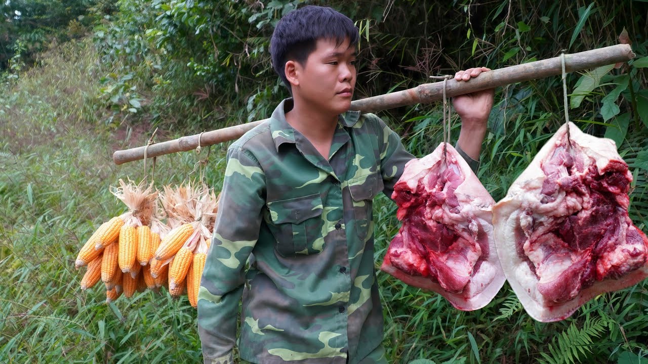 Farm life in the woods, corn harvesting, lard making and preservation, green forest life