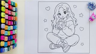 Coloring My Cozy Treats Coloring Book Chibi Girl with Boba Tea Coloring Page Touch Art Markers