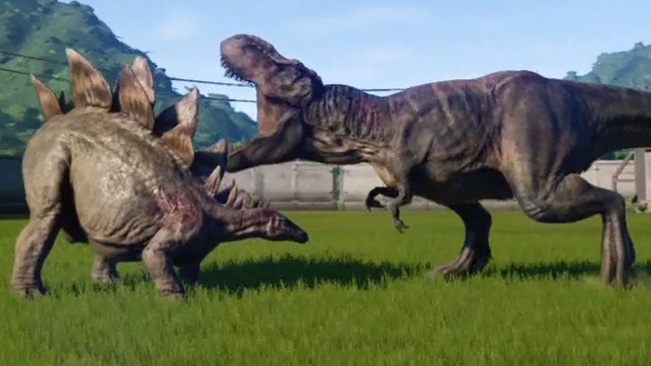 Jurassic World Evolution - Stegosaurus (Max Defense) Vs T-Rex (Max Defense)  - Gameplay Hd - Youtube