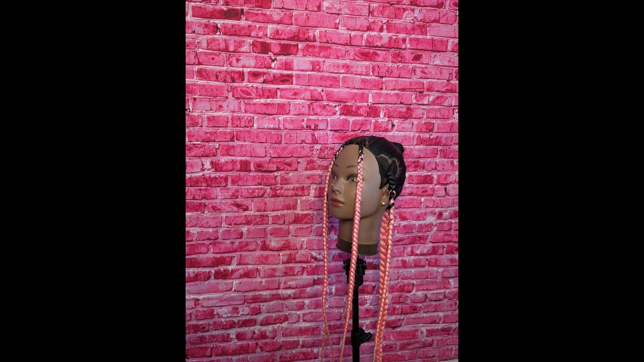 Cute Feed in Ponytail Style (light pink braiding hair) including 2 Hearts and 2 Braids