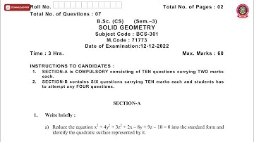 BSC 3RD SEM CS SOLID GEOMETRY DEC 2022 | PTU
