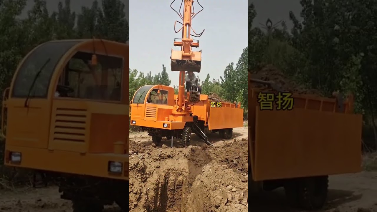 Four-way excavation, small agricultural excavator, self-loading and dumping transport vehicle