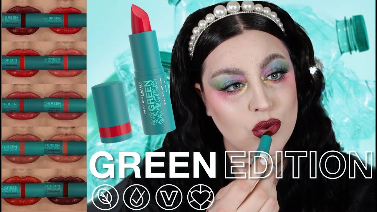 MAYBELLINE GREEN EDITION BUTTER CREAM LIPSTICK SWATCHES & REVIEW - YouTube