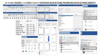 Part 92. MS Word Insert Tab Text Group Text Box, Quick Park, WordArt, Drop cap, Date & Time, Object