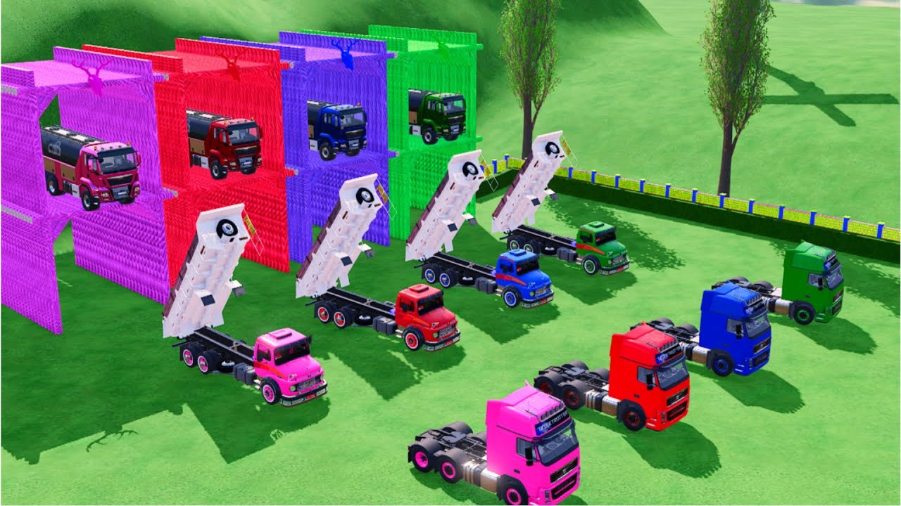 TRANSPORTING ALL THE COLORFUL MAN MILK TANK TRUCKS, LIZARD TRUCKS, WITH VOLVO TRUCKS TO THE GARAGE