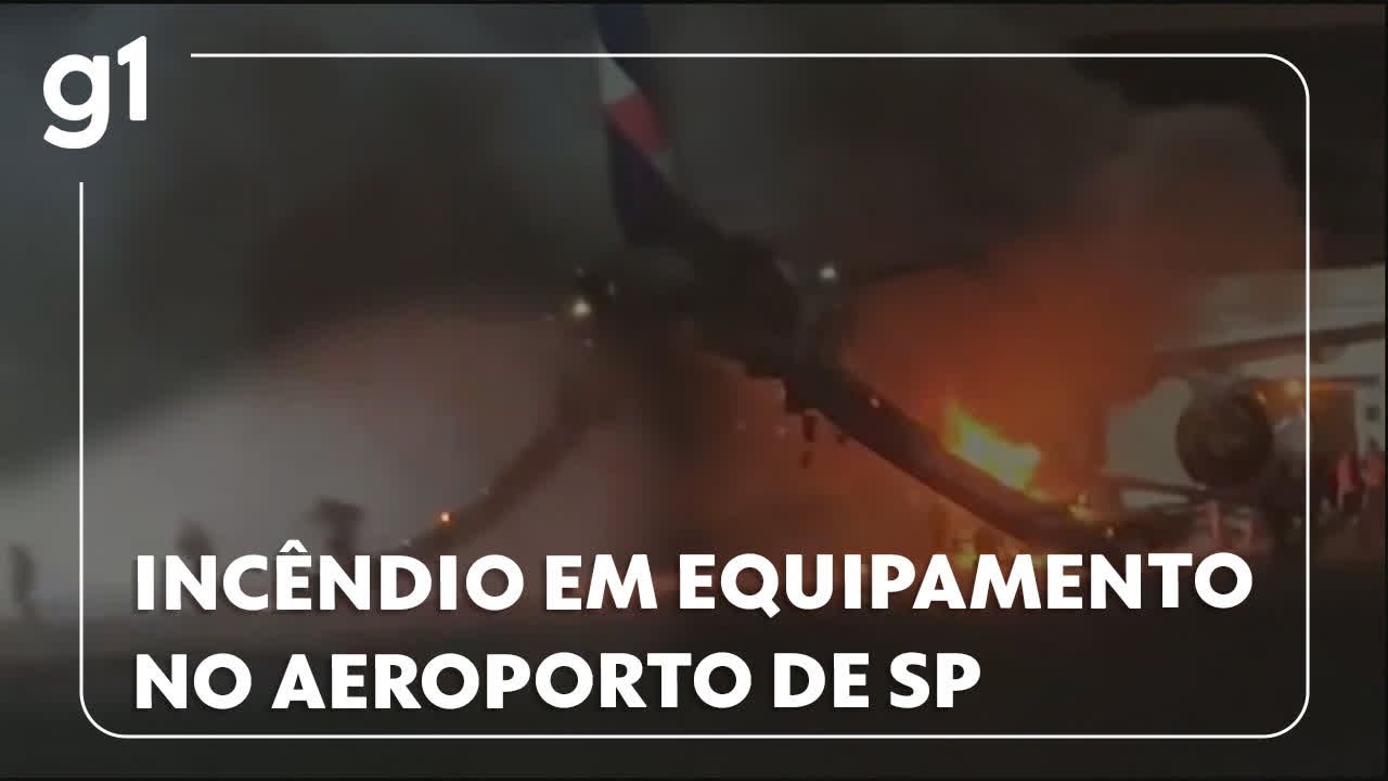 Passageiros são retirados de avião após incêndio em equipamento no Aeroporto de SP, em Guarulhos