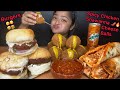 Spicy chicken shawarma mozzarella cheese balls chicken burger and aloo tikki burger  eating show