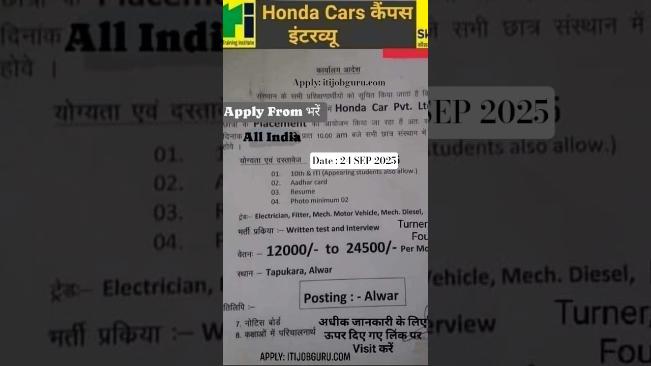 Honda Car Limited Latest ITI Campus Placement 2025 