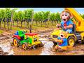 Monkey Nana Drives a Tractor to Harvest Grapes with Tiny JCB Cat & Rescues a Sunken JCB Tractor!