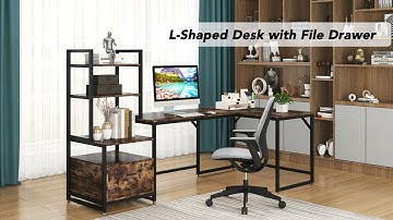Tribesigns L-Shaped Desk, Computer Desk with 3 Tiers Bookshelves and File Cabinet JW0007