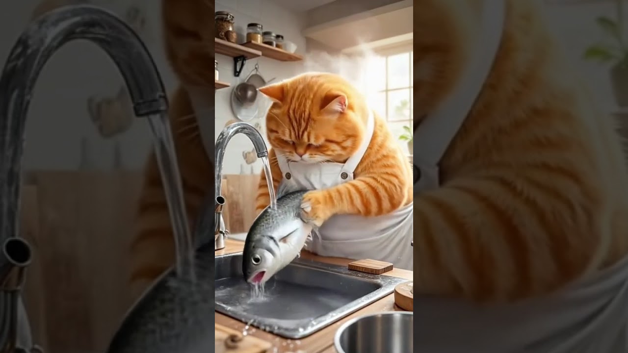 cat is cooking food for herself 😋