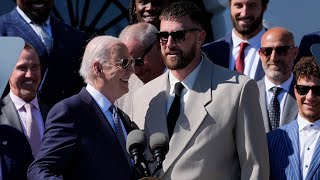 ‘My fellow Americans’: Travis Kelce jokes at White House celebration