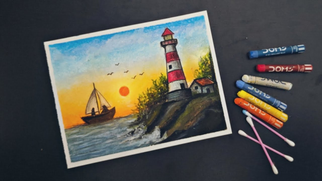 EASY LIGHTHOUSE SUNSET SCENERY DRAWING | STEP BY STEP DRAWING FOR BEGINNERS | OIL PASTEL DRAWING