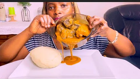 ASMR COW LIVER + Mackerel FISH OGBONO SOUP WITH FUFU MUKBANG BANG/No Talking)soft eating sounds
