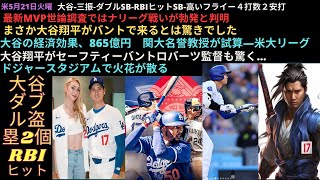 米5月21日火曜,大谷-三振‐ダブルSB-RBIヒットSB-高いフライー４打数２安打,最新MVP世論調査,まさか大谷がバント?,大谷の経済効果865億円,ロバーツ監督驚く,ドジャースタジアム火花が散る