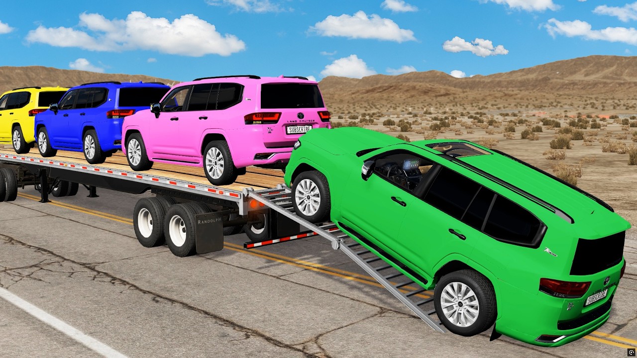 Triple Flatbed Trailer McQueen Transportation with Truck - Speedbumps vs Cars vs Train - BeamNG #16