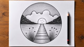 Easy Circle Sunset Scenery Drawing | Beautiful Nature Pencil Drawing Step by Step for Beginners