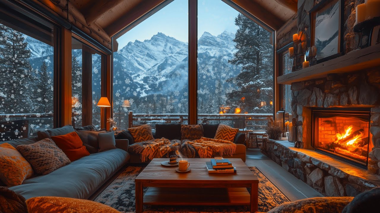 Warm Winter Jazz Music — Snowy Mountain Cabin & Cozy Fireplace for Focus and Study ❄️🔥