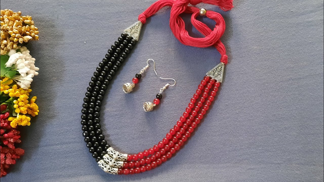 How to make three layer glass beads necklace at home/ Red and