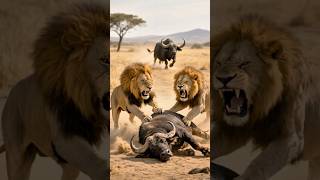 The Bull Bravely Fought Against Two Lions To Save Its Companion.