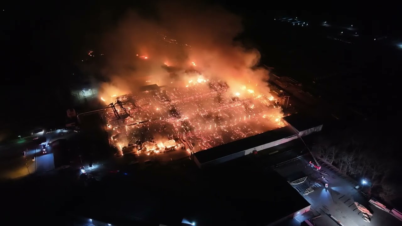 Drone Footage Captures Large Fire at Virginia Timber Plant