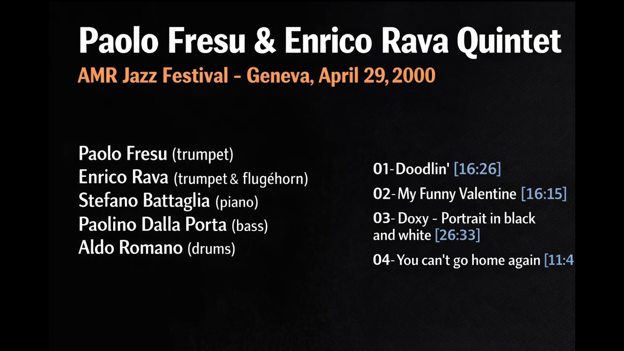 Paolo Fresu & Enrico Rava Quintet - 2000-04-07 Live@AMR Jazz Festival, Geneva, Switzerland (Audio) auf YouTube ansehen Paolo Fresu & Enrico Rava Quintet - 2000-04-07 Live@AMR Jazz Festival, Geneva, Switzerland (Audio) auf YouTube ansehen