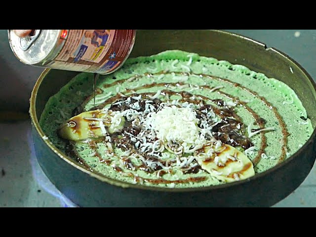 Indonesian Street Food - Pandan Crepe w/ Banana Chocolate Cheese Dessert | Travel Thirsty