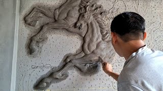 Sculpture of galloping horse in cement
