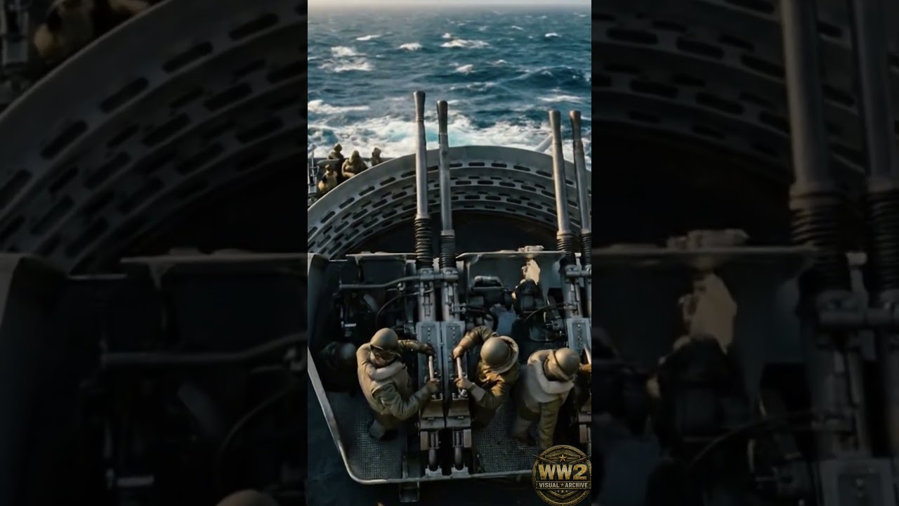 4K Colorized frame capture of a US Navy Quad 40mm Bofors Mark 2 gun tub crew in action
