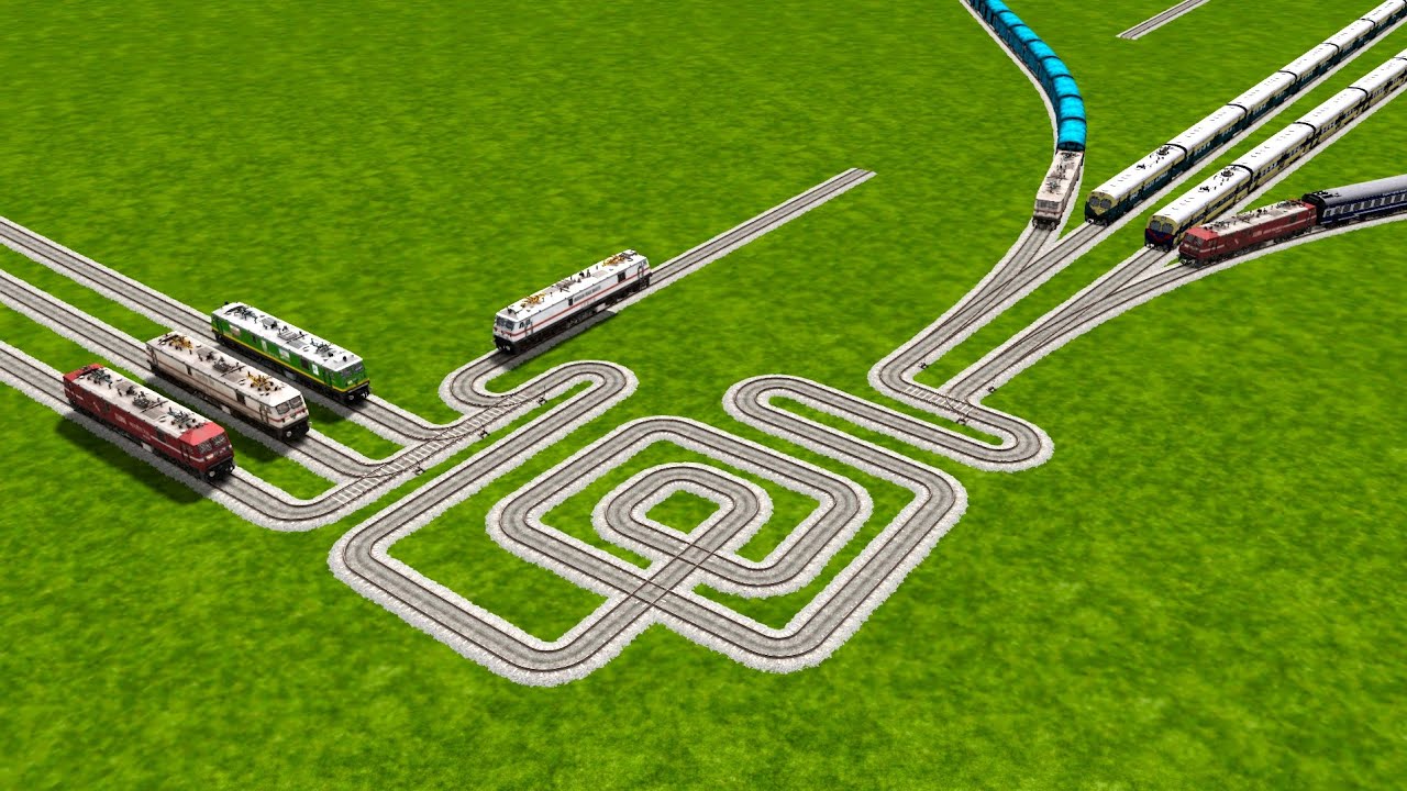 8 TRAINS CROSSING ON SQUARE ️ SHARP BUMPY CURVES & FORKED RAILROAD ...
