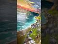 Acrylic seascape with a glowing sunset, waves, and rocky shoreline. #acrylicpainting #art #painting