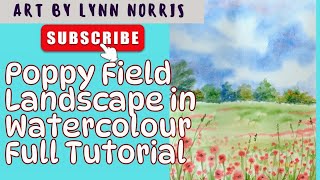 How to paint an easy watercolour landscape with a field of poppies, full tutorial beginner friendly