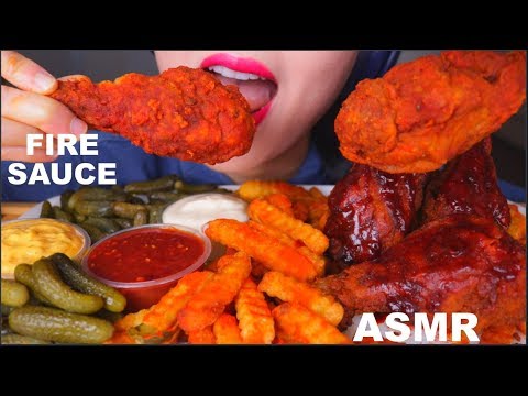 ASMR FRIED CHICKEN + NUCLEAR FIRE SAUCE + SPICY CAJUN FRIES + PICKLES | 炸鸡 咀嚼音 | 먹방