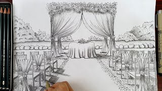 Drawing A Wedding Ceremony Scene in One Point Perspective | Timelapse