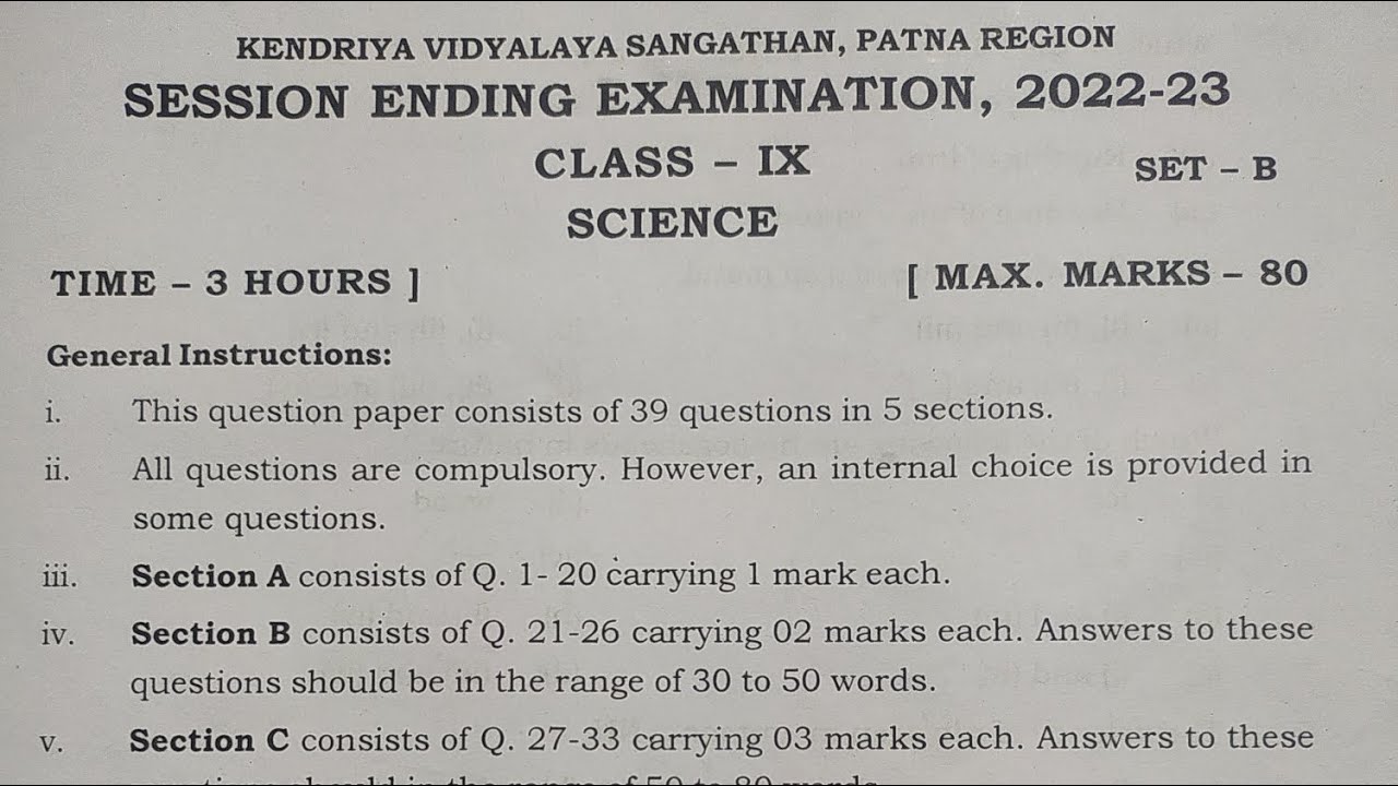 Kendriya Vidyalaya Class 9 Science Final Exam Question Paper 2022-2023 ...