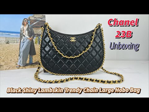 Chanel 23B Black Shiny Lambskin Trendy Chain Large Hobo Bag with