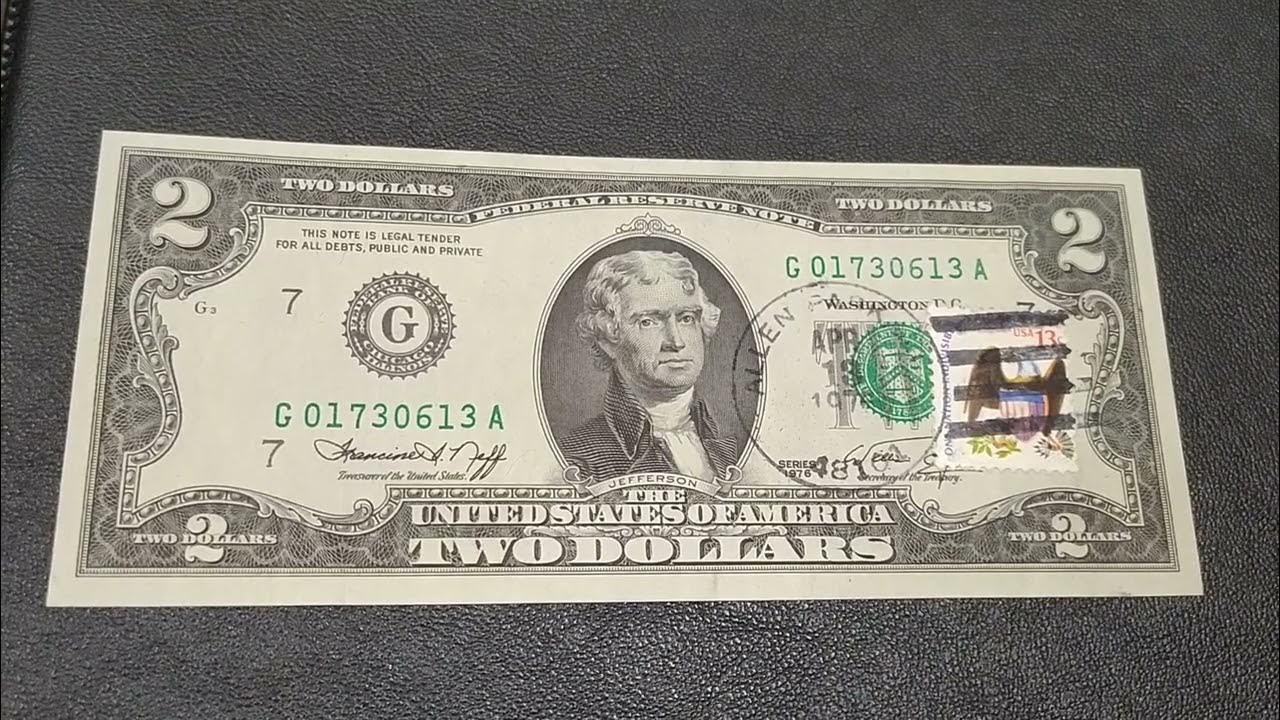 Купюра 2 доллара США с маркой! 2 доллара 1976, UNC, Чикаго, США ...