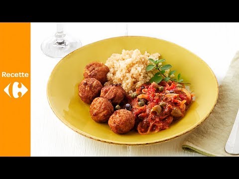 boulettes-végétariennes,-sauce-puttanesca,-quinoa