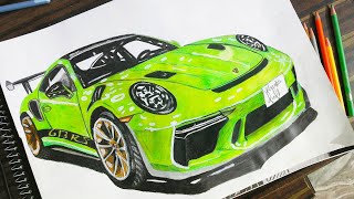 Realistic Car Drawing - Porsche 911 GT3 RS -Timelapse -Drawing ideas