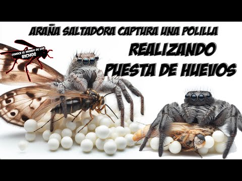 JUMPING SPIDER CATCHES A MOTH WHILE LAYING EGGS